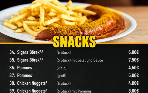Speisekarte Snacks und Frische Salate